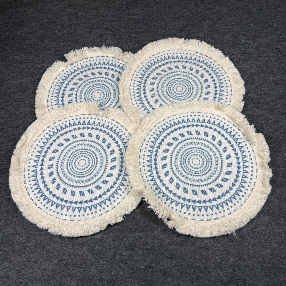 Set of 4 Round Woven Boho placemats Blue Geometric Mandala Fringe Cream Cotton